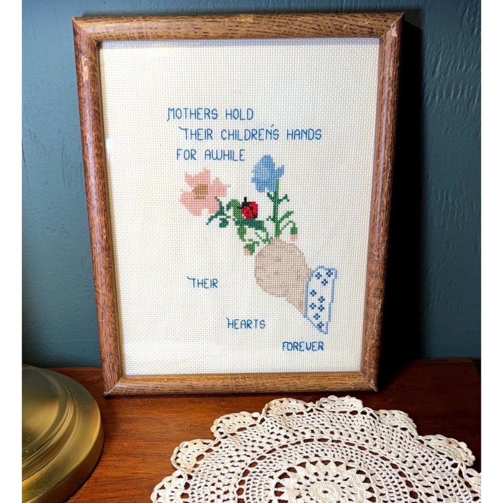 Vintage Framed Cross Stitch Mother Wall Art 9x11 Handmade Cottagecore Blue Flora